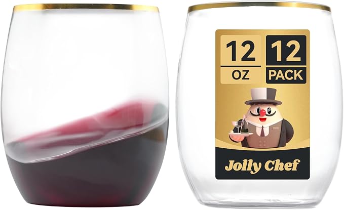 JOLLY CHEF 12 Pack 12oz Gold Plastic Wine Glasses Stemless, Unbreakable by JOLLYCHEF