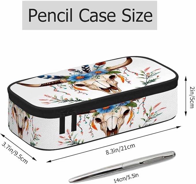 Cow Skull Pencil Holder Bag Bull Head Flowers Feathers Boho Style Pencil Case - Image 2