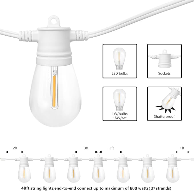 SUNTHIN White String Lights, 48ft White Outdoor Lights - Image 2