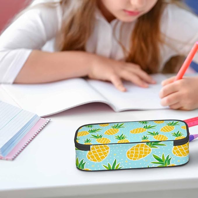 Pineapple Pencil Bag Tropical Fruit Exotic White Polka Dots Yellow Blue Big - Image 5