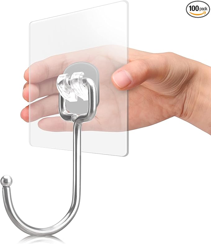 Antimbee 100 Pack Clear Adhesive Hooks, 37lb Heavy Duty Self Adhesive Hooks by Antimbee