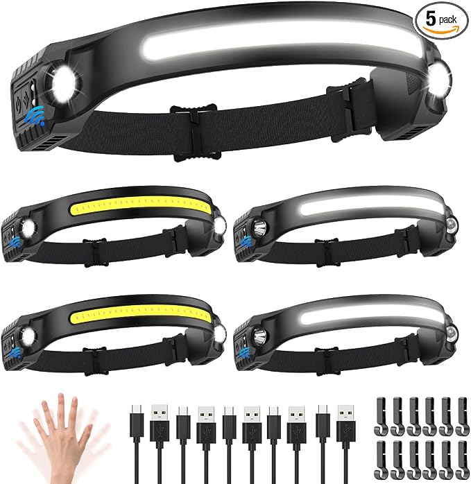 Headlamp Rechargeable 5Pack, 230° Wide Beam Head Lamp by ZIOEYIUE