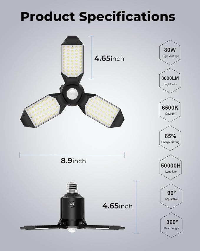 toberich Motion Sensor Garage Light, 8000LM Motion Sensor Shop Light w/ 3 - Image 7