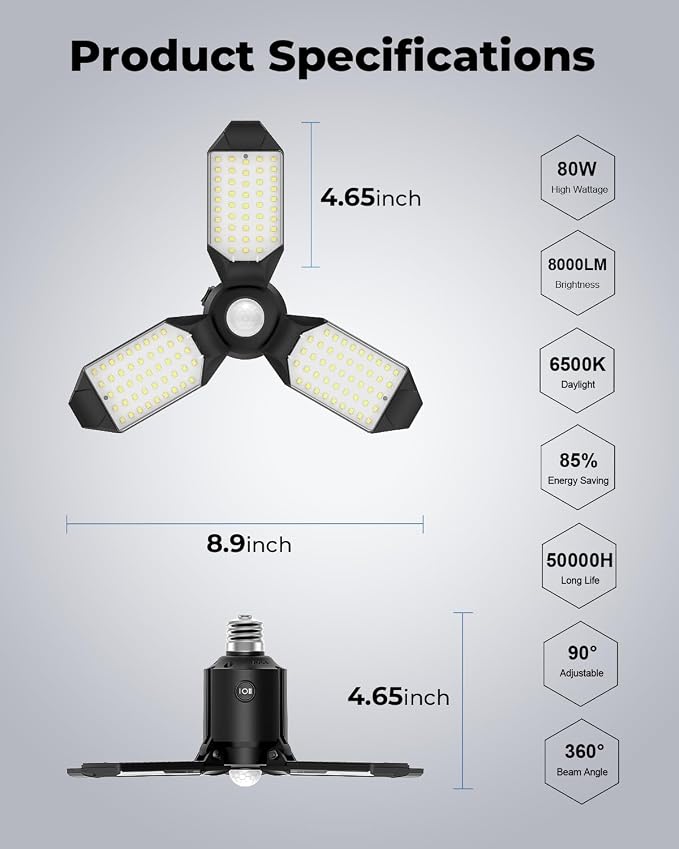 toberich Motion Sensor Garage Lights 4 Pack, 8000LM Motion Sensor Shop Light w/ - Image 6