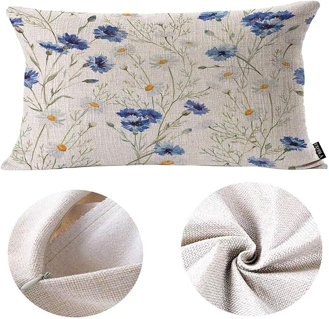 EKOBLA Watercolor Flowers Decorative Pillow Case Throw Pillow Covers Blue - Image 6