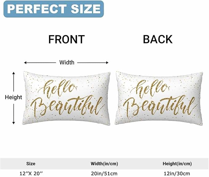 Hello Beautiful Bling Pillow Covers 12 X 20 Gold Glitter Motivational Quote Set - Image 2