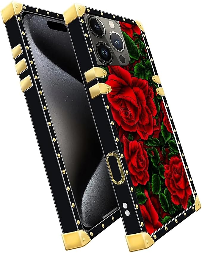 Compatible with iPhone 16 Pro Case, Vector Red Rose Green Leaf Luxury Golden - Image 3