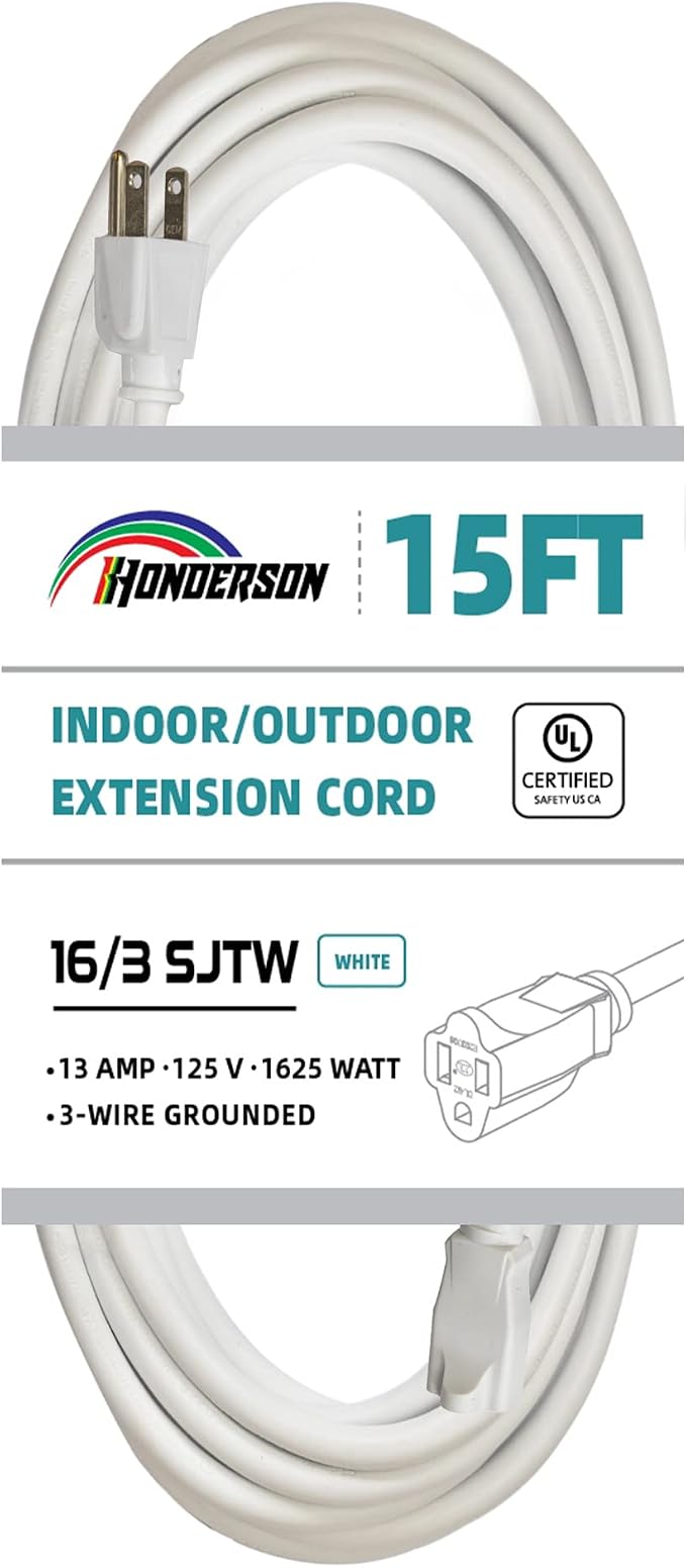 Indoor/Outdoor Extension Cord, 16 Gauge 15FT White 3 Prong Heavy Duty, by HONDERSON