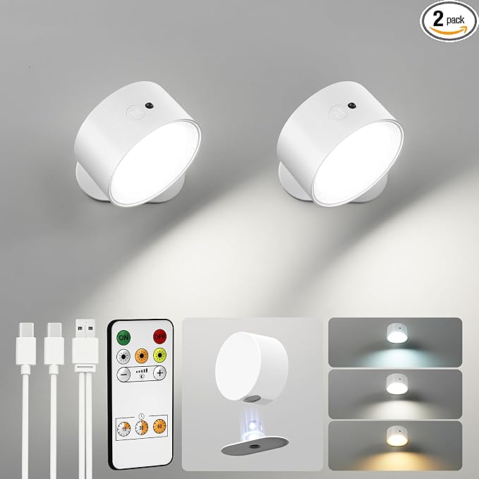 LED Wall Mounted Lights, Rechargeable Wall Sconces Lamp, 3 Color Temps & Remote by AMETHEUS