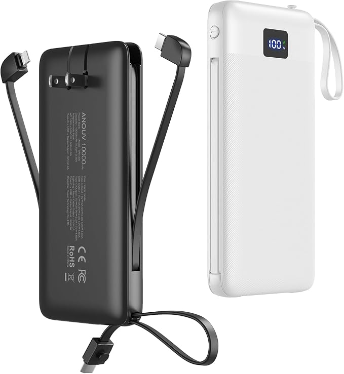 2-Pack Portable Charger Built-in Cables and AC Wall Plug, 10000mAh 22.5W PD by ANOUV