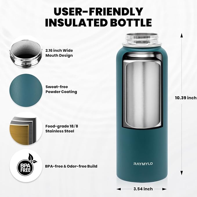 RAYMYLO Insulated Water Bottle 40 oz, Triple Wall Vacuum Stainless Steel - Image 5