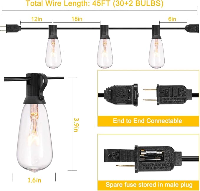 GOOTHY Outdoor String Lights 45Ft ST40 Vintage Patio Lights - Image 2
