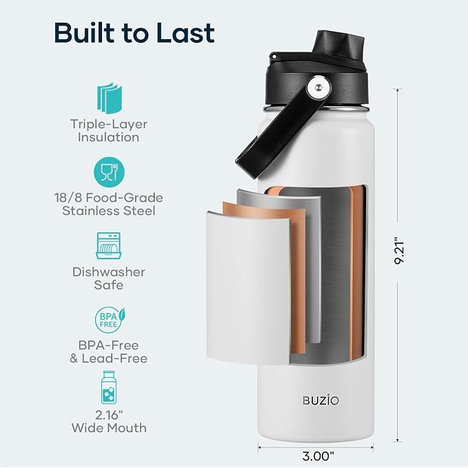 BUZIO 24 oz Water Bottle Insulated, Leakproof Stainless Steel Flask, Wide Mouth - Image 4