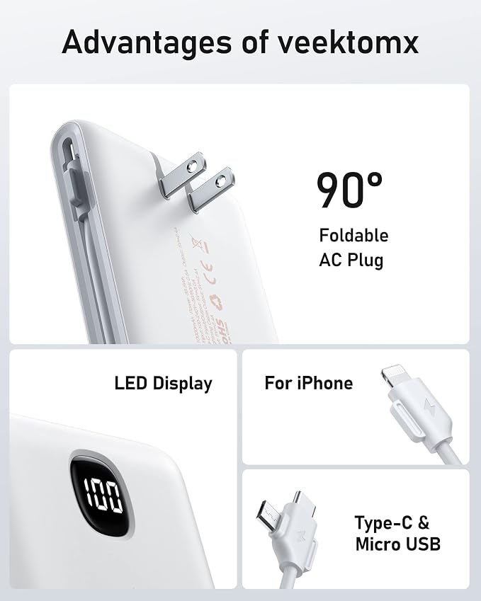 VEEKTOMX Portable Charger with Built in Cables 10000mAh, Power Bank - Image 8