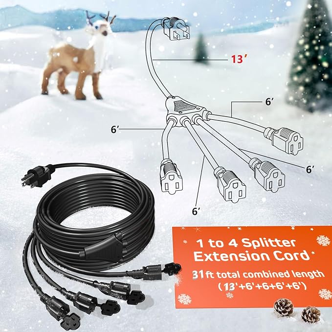 Eversimpleinc Black 1 to 4 Splitter Extension Cord, 3 Prong Plug - Image 3