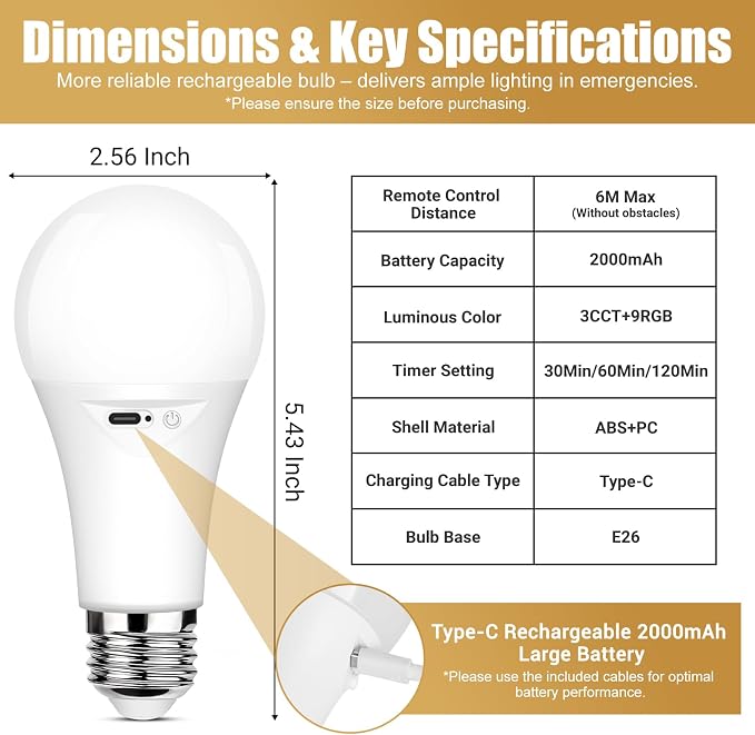 Yochoice 4-Pack Rechargeable Battery Powered Light Bulb, Dimmable A19 Light Bulb - Image 5