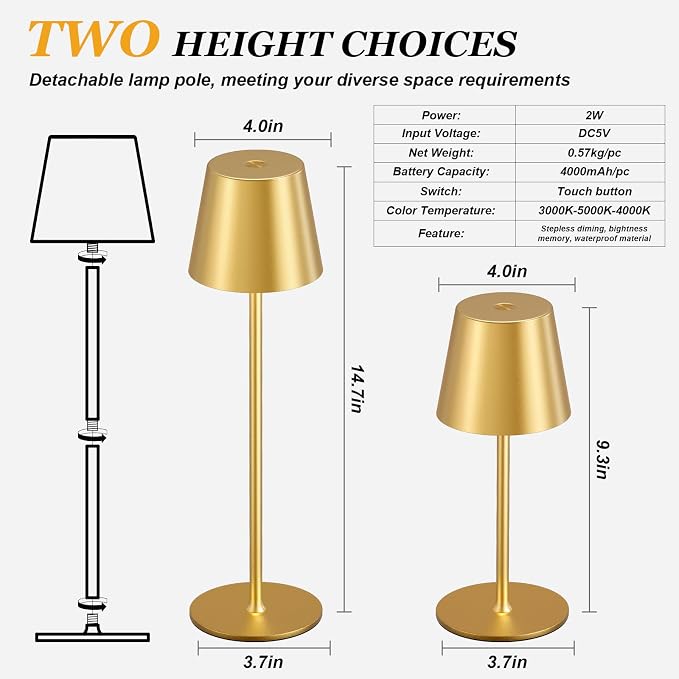 Kakanuo Cordless Table Lamp Rechargeable Gold - Image 5
