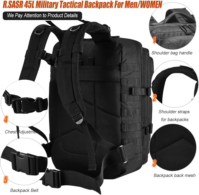 45L Tactical Backpack for Men Women, Military Assault Pack - Image 5