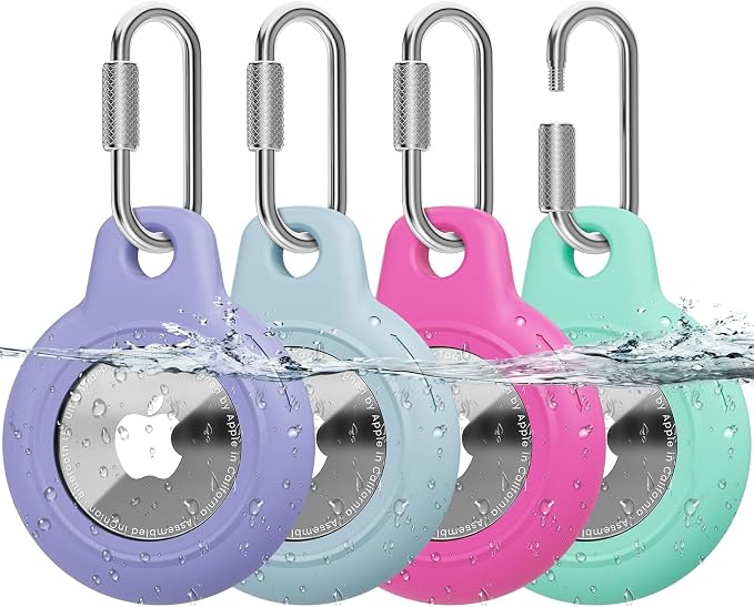 AirTag Holder with 304 Carabiner, 4 Pack IPX8 Waterproof Shockproof PC Hard Case by HOME