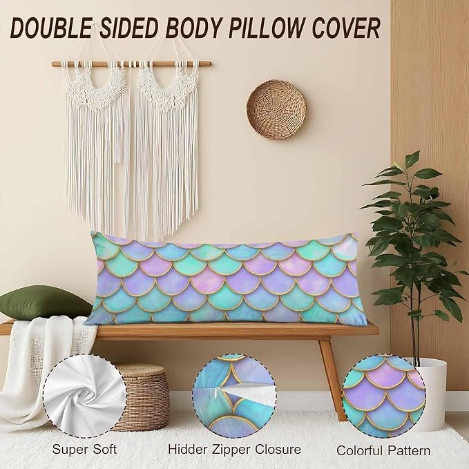 Body Pillow Covers Mermaid Body Pillowcase 20"X54", Mermaid Scales Couch Body - Image 4