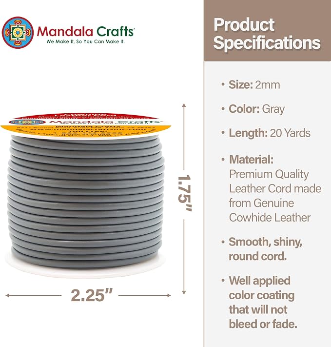 Mandala Crafts Round Genuine Gray Leather Cord - Image 4