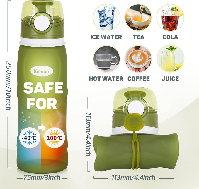 Kemier Collapsible Silicone Water Bottles-750ML, Medical Grade, BPA Free Travel - Image 6