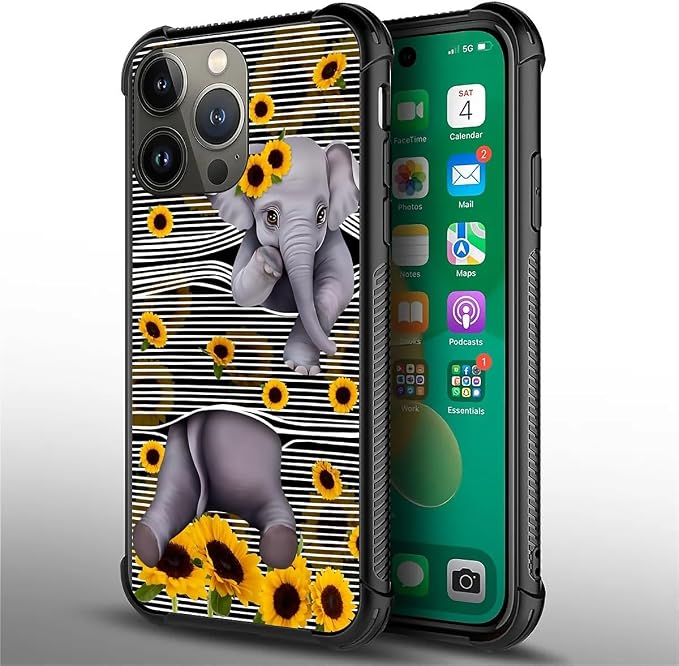 for iPhone 13 Pro Case, Cute Little Elephant Sunflower White Line Art Pattern - Image 5