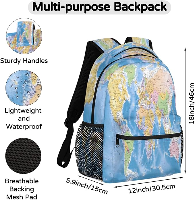 Backpacks Globe World Map School Bag Student Bookbag Adjustable Shoulder Bags - Image 2