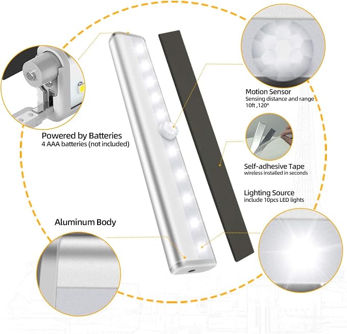 6 Pack Motion Sensor Lights, 10 LED Closet Battery Operated Lights, Stick-On - Image 8