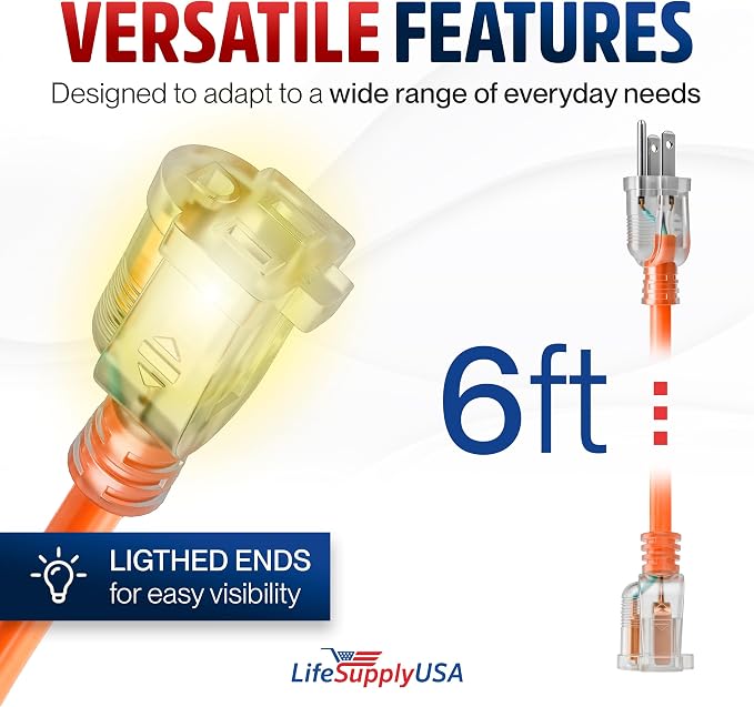6ft Outdoor/Indoor Extension Cord 14/3 Gauge Heavy Duty 3 Prong SJTW, Waterproof - Image 6