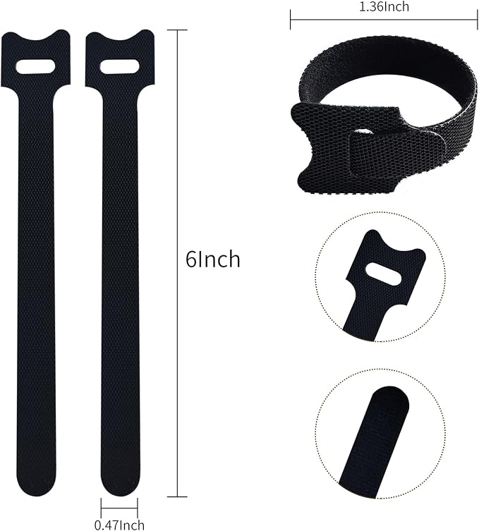 6 Inches Black Reusable Cable Ties, Cable Organizer, Cord Wrap and Hook Loop - Image 2