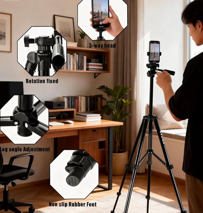55" Aluminum Phone & Camera Tripod, Extendable Cell Phone Tripod Stand - Image 9