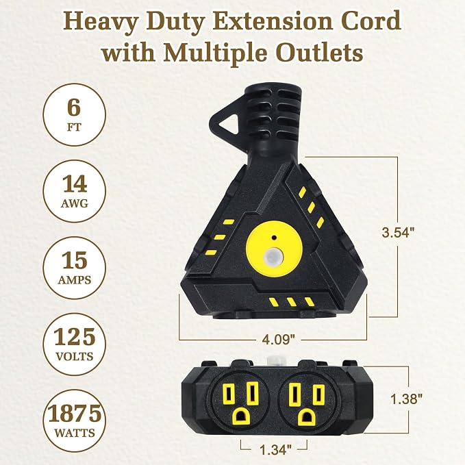 6FT 14 Gauge Outdoor Extension Cord 6-Outlet 14/3 SJTW Heavy Duty Extension Cord - Image 2