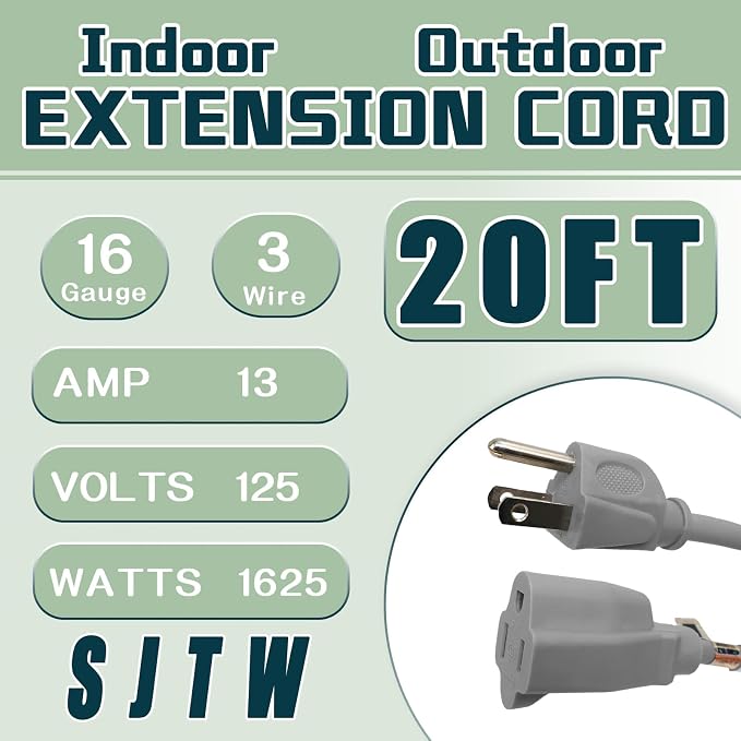 Indoor Outdoor Extension Cord 20 FT, 16/3 SJTW Weatherproof Grey Electrical - Image 2