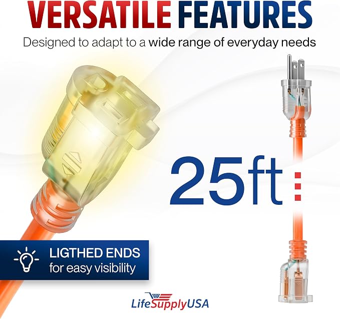 25ft Outdoor/Indoor Extension Cord 14/3 Gauge Heavy Duty 3 Prong SJTW, - Image 6