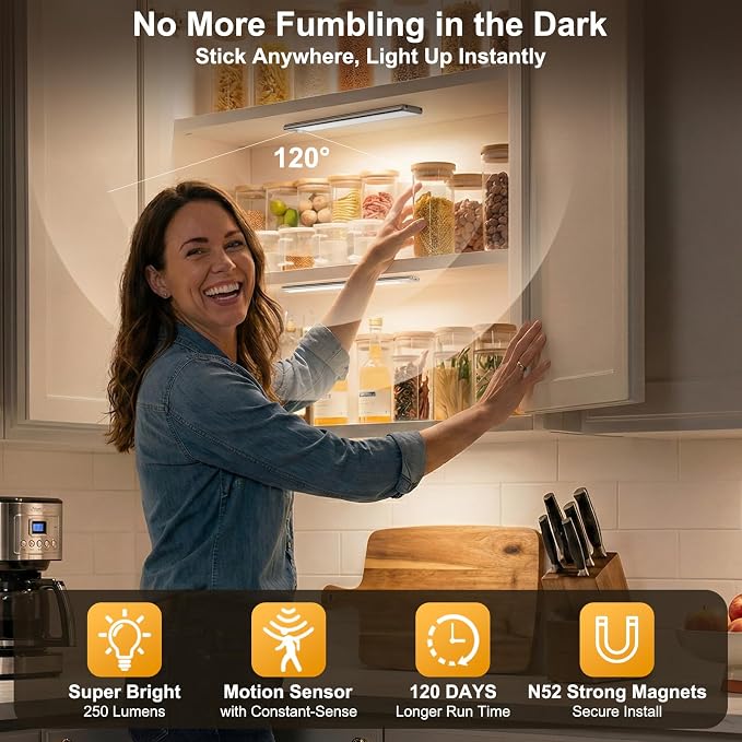 Reoshine Motion Sensor Light Indoor, 80 LED Under Cabinet Lighting Battery - Image 2