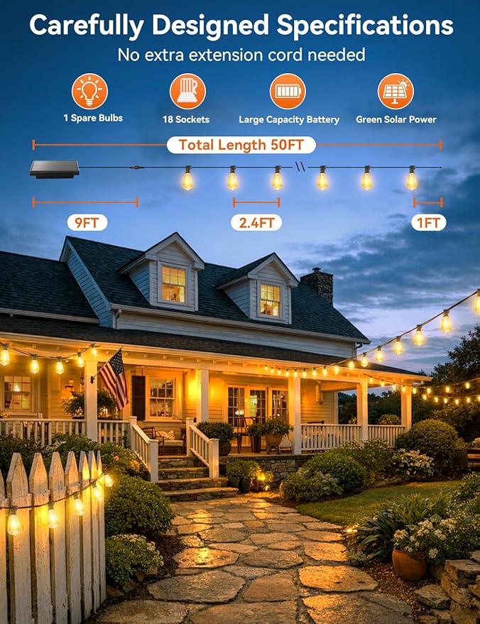 Brightever 50FT Solar String Lights Outdoor Waterproof, Patio Lights Solar - Image 2