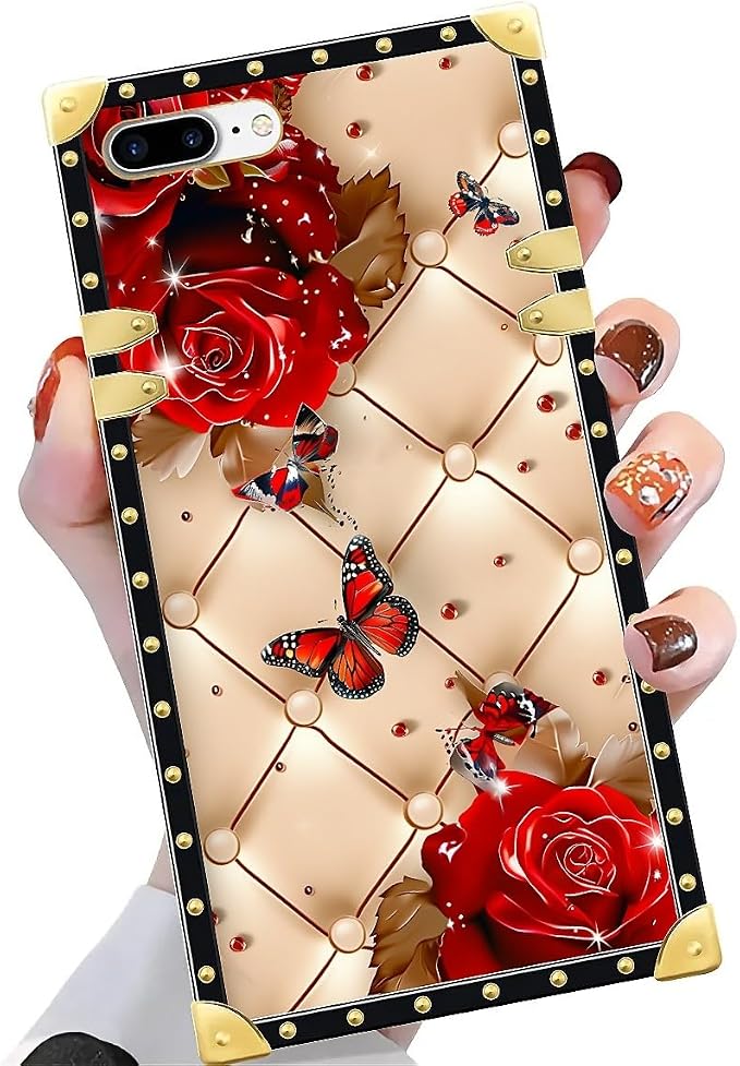 Compatible with iPhone 8 7 SE Case, Shining Red Rose Butterfly Leather - Image 3