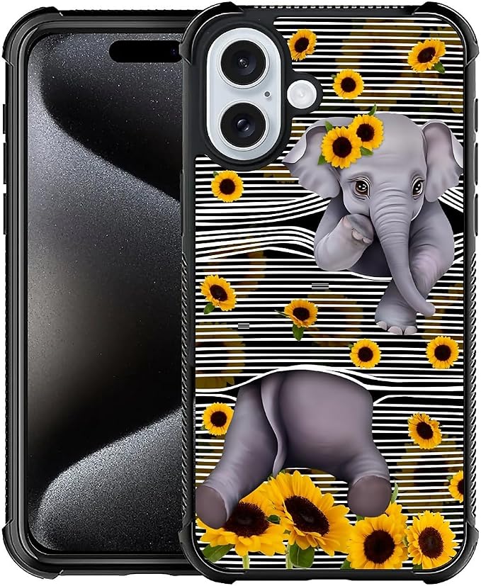 for iPhone 16 Plus Case, Cute Little Elephant Sunflower White Line Art Pattern by FKBRCL4U