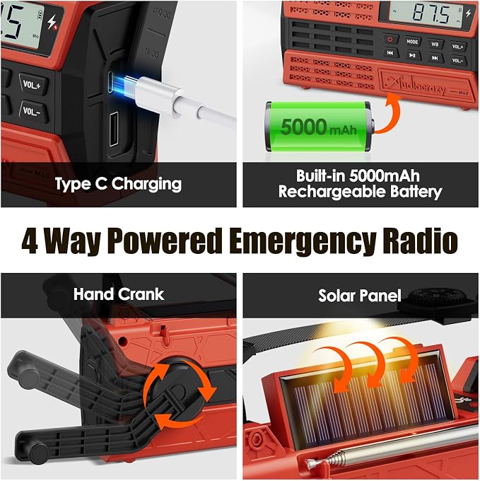 Emergency Crank Radio, 5000mAh/18500mWh Solar Hand Crank Radio, AM/FM/NOAA - Image 4