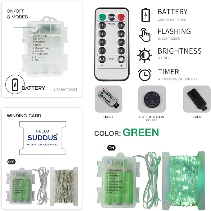 suddus Green Christmas Lights Battery Operatd, 66ft 200LED St Patricks Day - Image 7