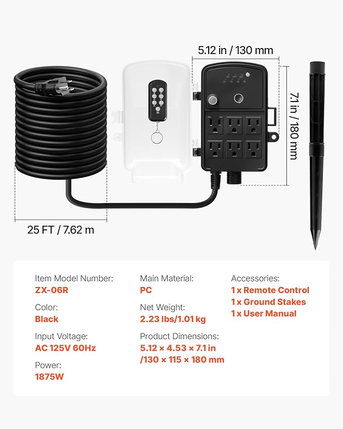 VEVOR Outdoor Power Stake Timer, 25FT Extension Cord, Remote Control Outdoor - Image 7