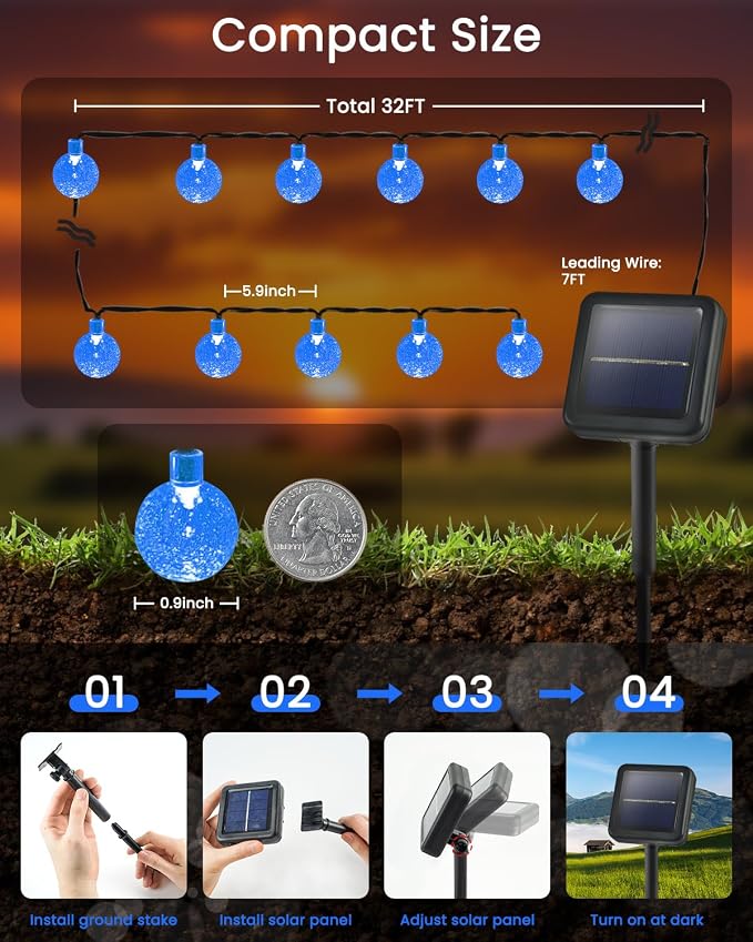 LORRYTE 2-Pack 120 LED Blue Solar String Lights Outdoor - 72FT Crystal Globe - Image 2