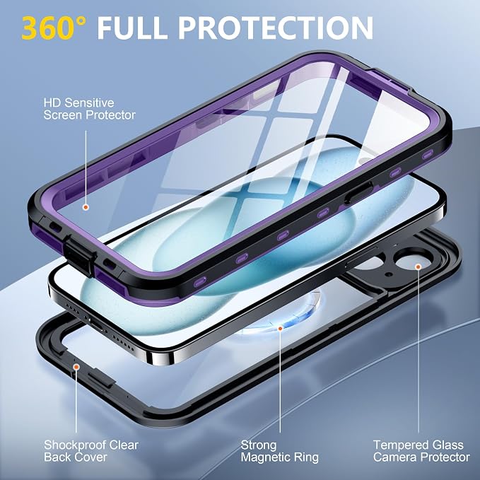 Red2Fire for iPhone 15 Case Waterproof, Phone Case 6.1" Purple/Clear - Image 5
