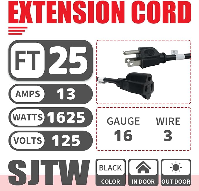 EP 25FT Black Outdoor Extension Cord, 16/3 SJTW Heavy Duty Waterproof, 3 Prong - Image 2
