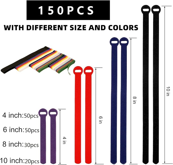150PCS Cable Ties，4+6+8+10 Inch Reusable Cable Management - Image 7