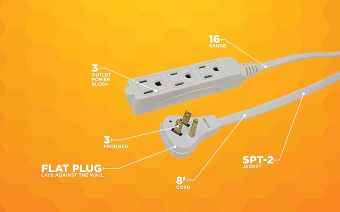 Woods Slimline Indoor Flat Extension Cord, 8 Ft, 16 Gauge Right Angle Plug - Image 6