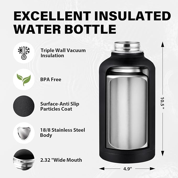Insulated Water Bottle 64 oz, Triple Wall Vacuum Stainless Steel Water Bottles - Image 4