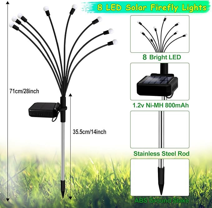 Kohlrabi Solar Garden Lights Outdoor, 10 Pack 80 LED Warm White Firefly Lights - Image 2
