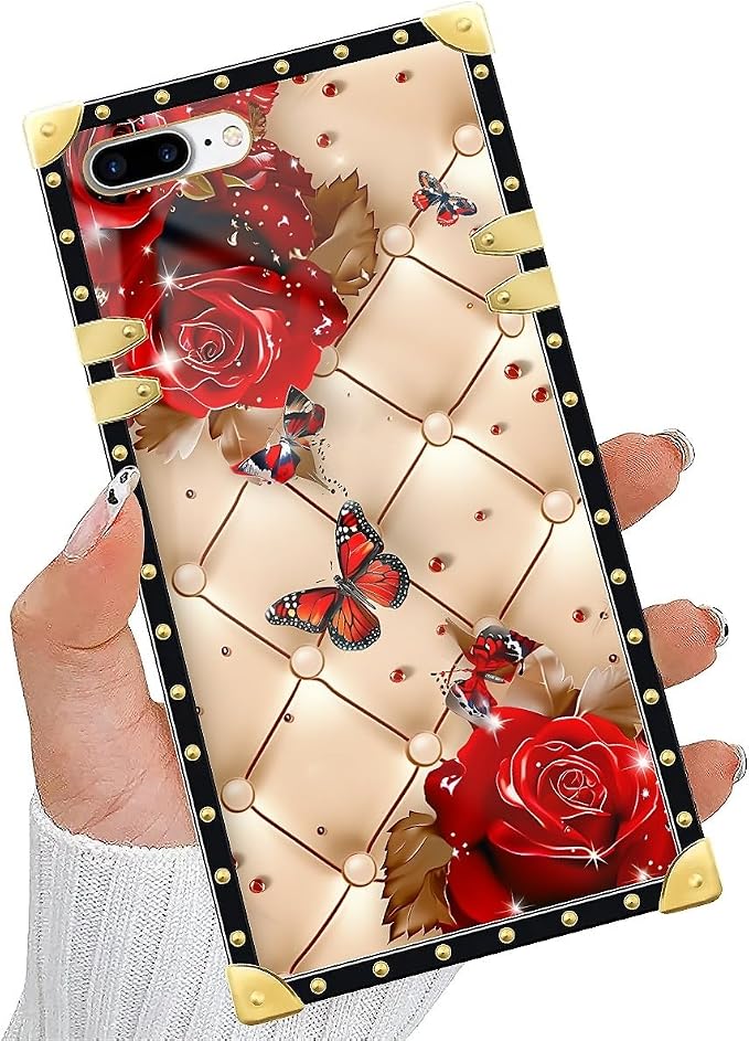Compatible with iPhone 8 Plus 7 Plus Case, Shining Red Rose Butterfly Leather - Image 5
